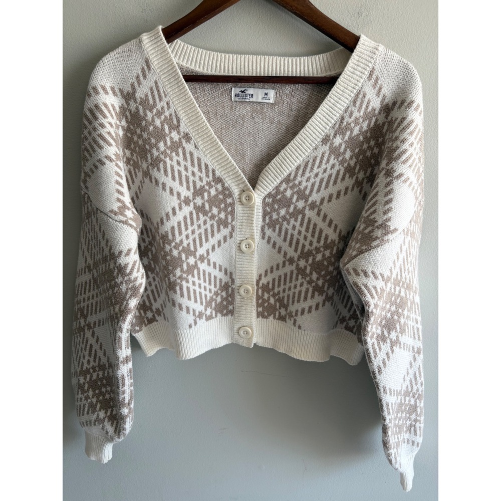 Y2K Style Argyle Cropped Cardigan Sweater Beige Brown Button Front